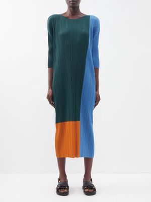 Pleats Please Issey Miyake - Colour-blocked Technical-pleated Dress - Womens - Dark Green