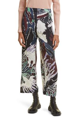Pleats Please Issey Miyake Frosty Forest Print Pleated Crop Straight Leg Pants in Black