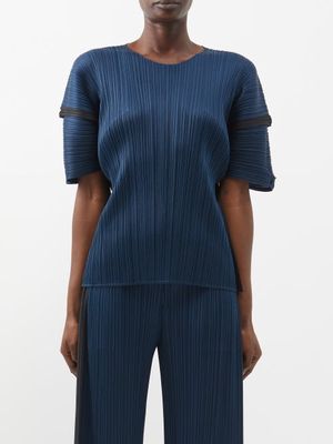 Pleats Please Issey Miyake - Layered Sleeve Technical-pleated Top - Womens - Navy