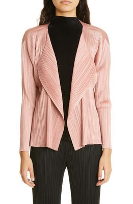 Pleats Please Issey Miyake Luster Pleated Open Front Jacket in Pink