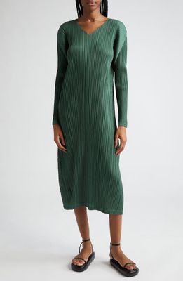 Pleats Please Issey Miyake Monthly Colors December Pleated Long Seeve Midi Dress in Moss Green
