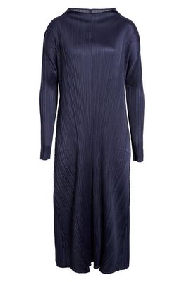 Pleats Please Issey Miyake Monthly Colors November Pleated Long Sleeve Midi Dress in Dark Navy