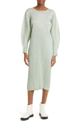 Pleats Please Issey Miyake Monthly Colors November Pleated Long Sleeve Midi Dress in Sage Green