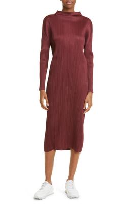 Pleats Please Issey Miyake Monthly Colors October Pleated Long Sleeve Midi Dress in Brown