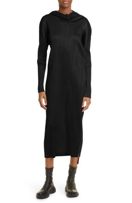 Pleats Please Issey Miyake Monthly Colors September Long Sleeve Pleated Midi Dress with Hood in Black
