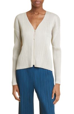 Pleats Please Issey Miyake Monthly Colors September Pleated V-Neck Cardigan in Greige