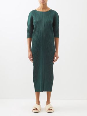 Pleats Please Issey Miyake - Puff-sleeve Technical-pleated Midi Dress - Womens - Dark Green