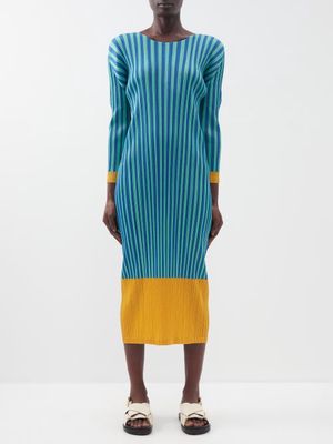 Pleats Please Issey Miyake - Striped Technical-pleated Midi Dress - Womens - Green