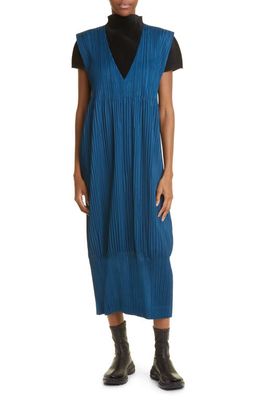 Pleats Please Issey Miyake Thicker Bottoms Pleated Pinafore Dress in Blue Green