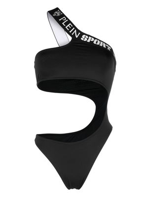 Plein Sport logo-tape one-shoulder swimsuit - Black