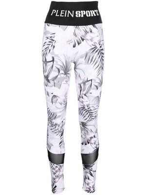 Plein Sport logo-waistband floral-print leggings - White