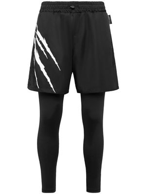 Plein Sport Running logo-print layered trousers - Black