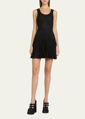 Plisse Knit Mini Dress with Embroidered Studs