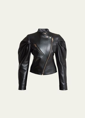 Plonge Leather Biker Jacket with Petal Pleated Sleeves