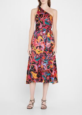 Plumeria Floral-Print One-Shoulder Silk Midi Dress
