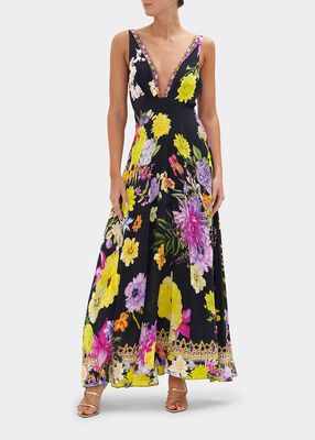 Plunge Floral Silk Maxi Dress