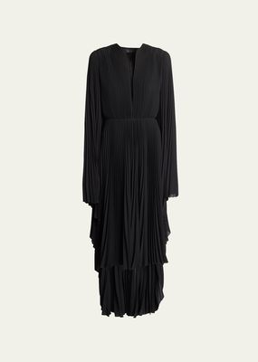 Plunge Pleated Midi Dress with Cape Back