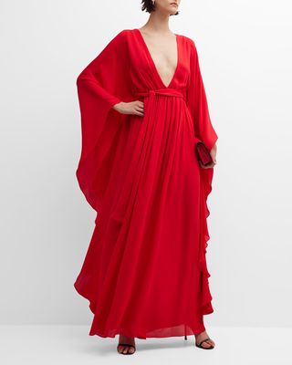 Plunge V-Neck Ruffle Gown with Tie Belt