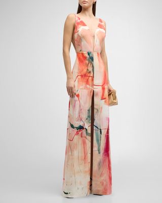 Plunging Abstract-Print Backless Silk Crepe Gown