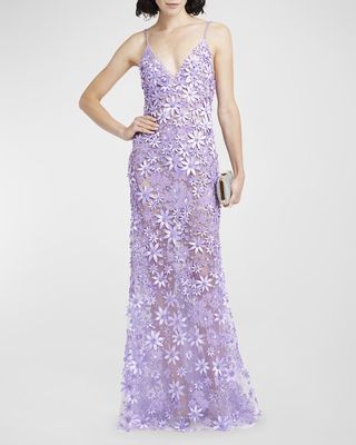 Plunging Beaded Floral Sleeveless Gown