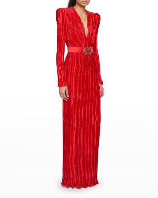 Plunging Belted Silk Plisse Gown