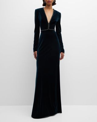 Plunging Crystal Embellished Long-Sleeve Velour Gown