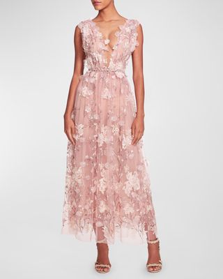 Plunging Floral Applique Beaded Tulle Maxi Dress