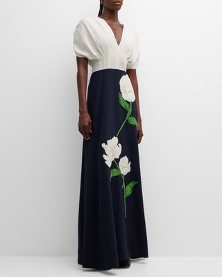 Plunging Floral Bi-Color A-Line Gown