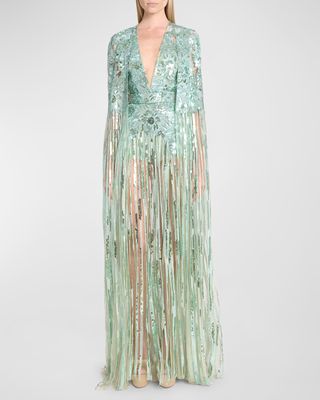 Plunging Floral Sequin Embroidered Tulle Cape Gown