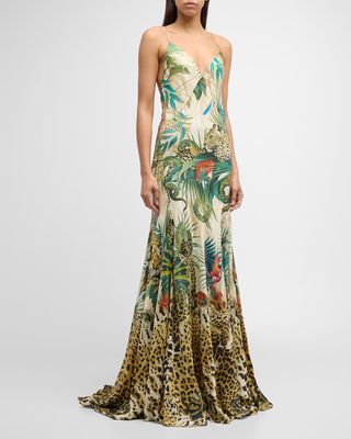 Plunging Forest Animal-Print Open-Back Trumpet Gown