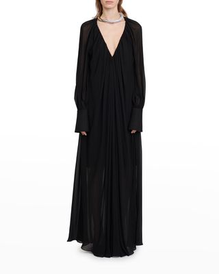 Plunging Gathered Georgette Gown