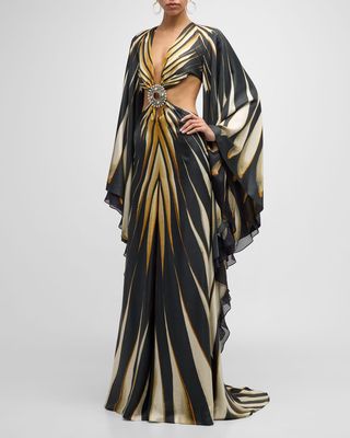 Plunging Jewel-Conch Cutout Cape-Sleeve Maxi Dress
