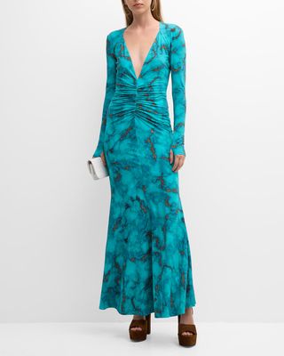 Plunging Marble-Print Ruched Open-Back Maxi Dress