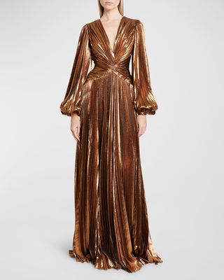 Plunging Metallic Lame Pleated Long-Sleeve Gown