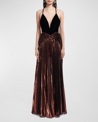 Plunging Metallic Pleated Gown