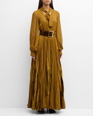 Plunging Neck-Tie Pleated Long-Sleeve Silk Maxi Dress