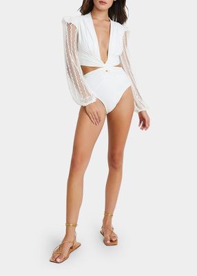 Plunging Netted-Sleeve Cutout One-Piece Swimsuit