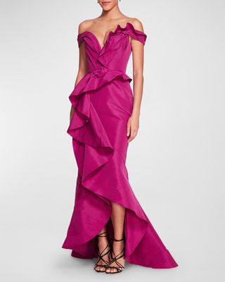 Plunging Off-The-Shoulder Ruffle Faille Gown