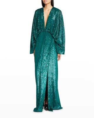 Plunging Paillette Embellished Side-Slit Gown