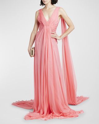 Plunging Pleated Sleeveless Silk Cape Gown