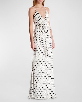 Plunging Rose Polka-Dot Sleeveless Gown