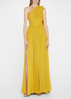 Plunging Ruffle-Shoulder Gown