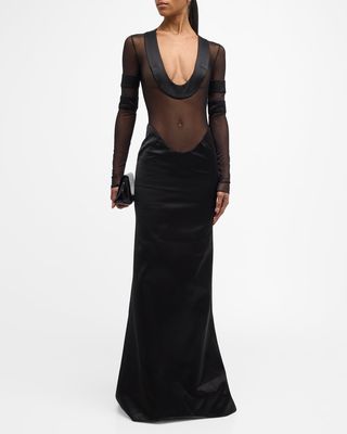 Plunging Scoop-Neck Mesh Long-Sleeve Satin Gown