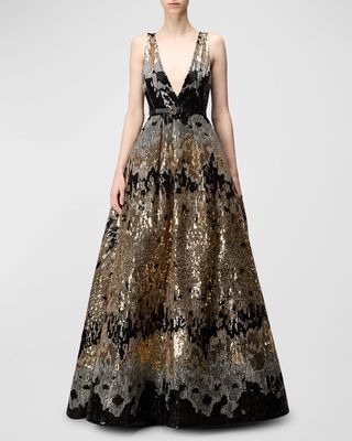 Plunging Sequin Embroidered Tulle Sleeveless Gown