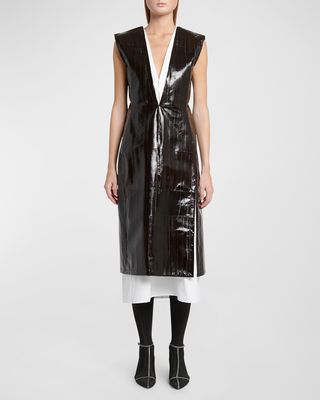 Plunging Sleeveless Paneled Leather Midi Dress