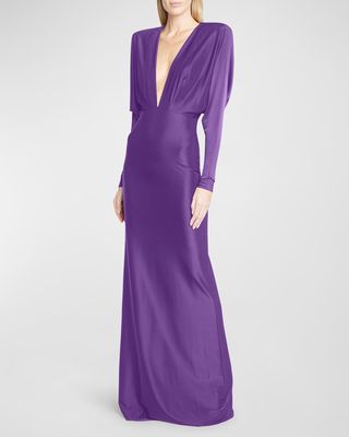 Plunging Strong-Shoulder Gown