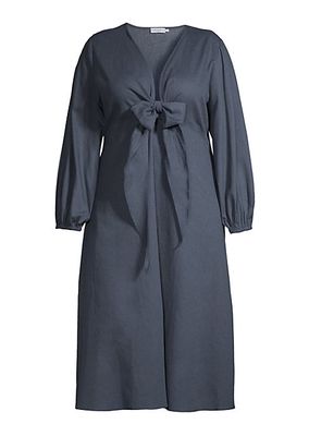 Plus Novella Cotton-Linen Tie-Waist Midi-Dress