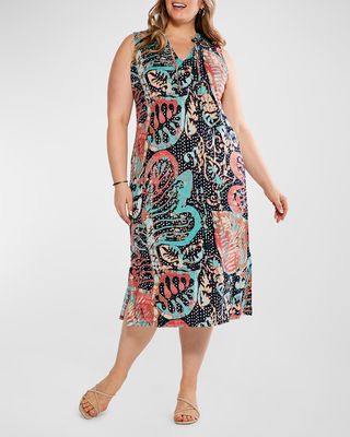 Plus Size Batik Stamp Abstract-Print Midi Dress
