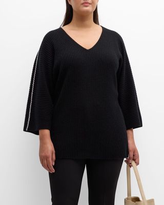 Plus Size Cashmere Ribbed Sweater with Whipstitch Detail