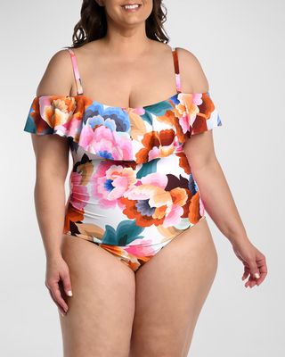 Plus Size Floral Off-Shoulder Ruffle One-Piece Swimsuit